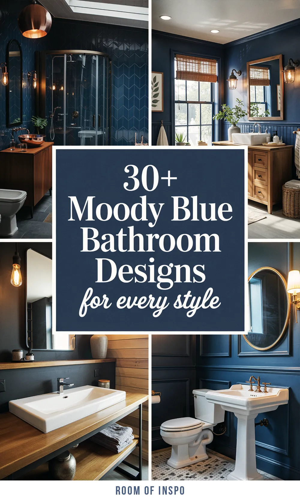 Colagem de banheiro azul escuro apresentando diversos estilos sóbrios como azulejos em zigue-zague, painéis e vaidades em madeira, com a sobreposição de texto "30+ Designs de Banheiro Azul Escuro para todos os estilos".