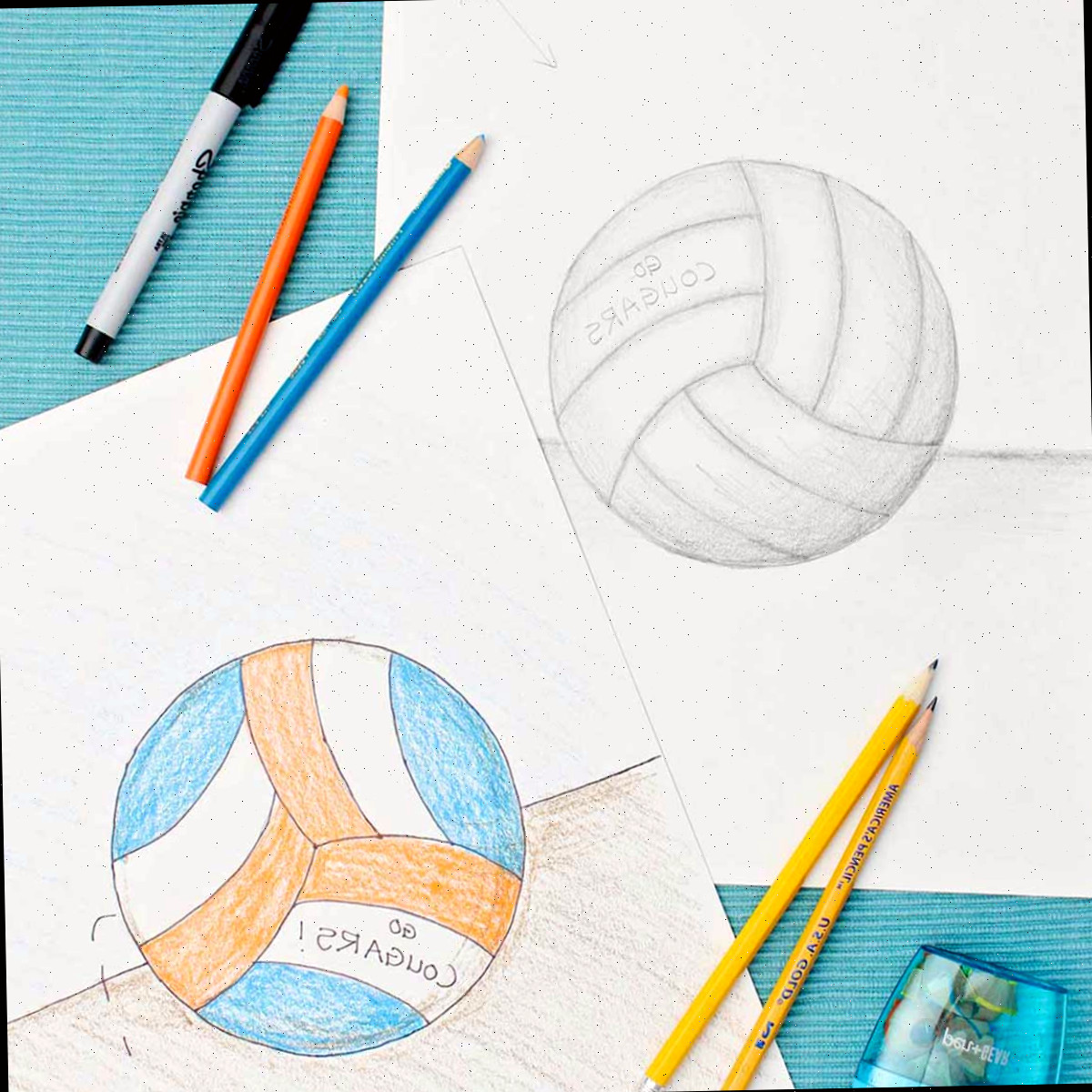 Desenhos de uma bola de vôlei. Um em lápis com sombreamento e um colorido com lápis de cor azul e laranja.