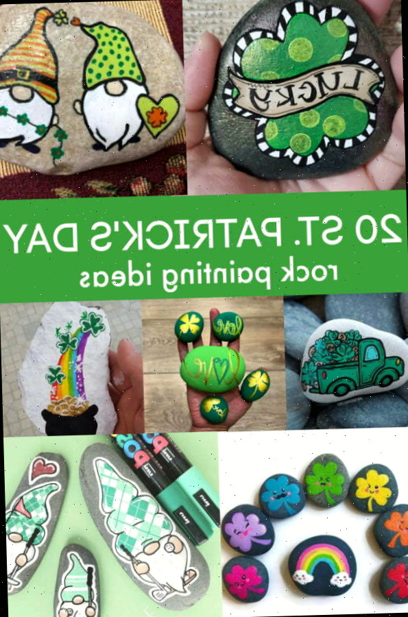 Colagem de múltiplos designs de pedras pintadas para o Dia de São Patrício