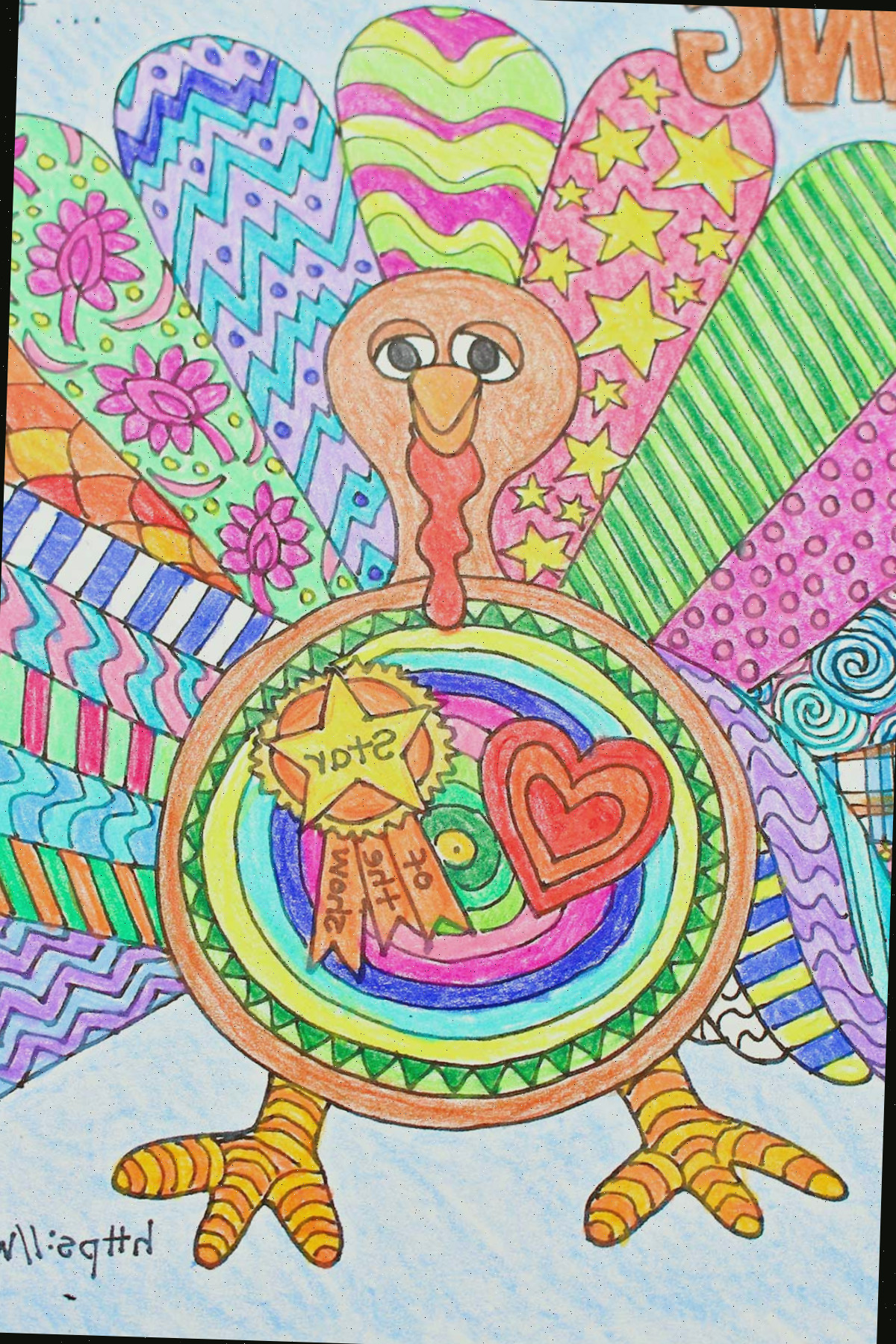 Detalhes em close de um peru colorido na página de colorir.