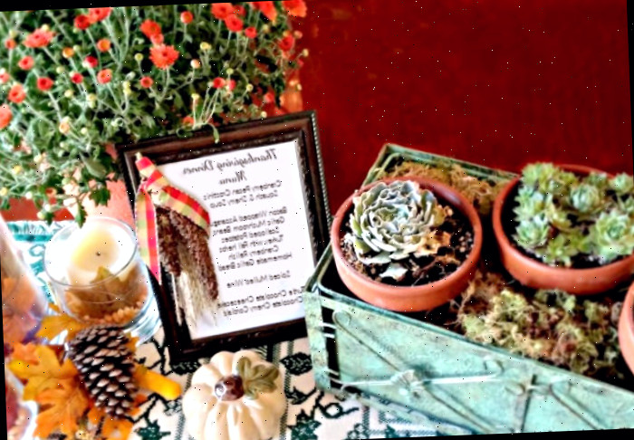 Nosso cardápio de jantar de Ação de Graças. Plantas suculentas em um vaso verde com flores de outono, pequenas abóboras e um cardápio de Ação de Graças emoldurado.