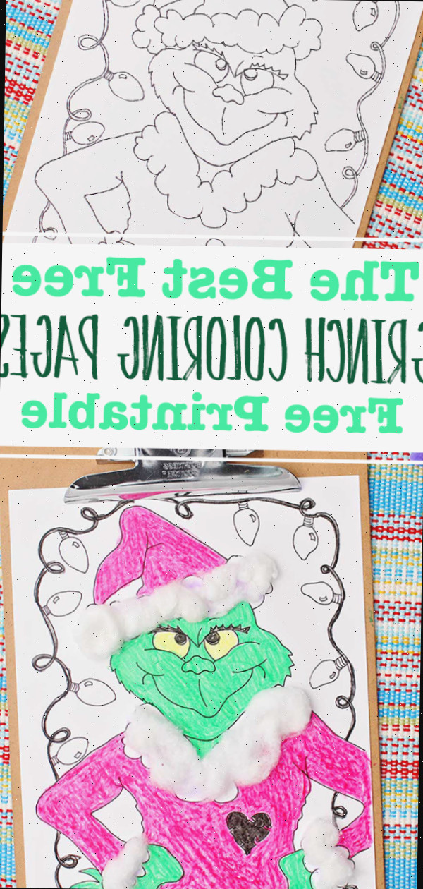 Duas imagens de uma página de colorir Grinch sem marcação e uma página completa com detalhes de bolinhas de algodão.