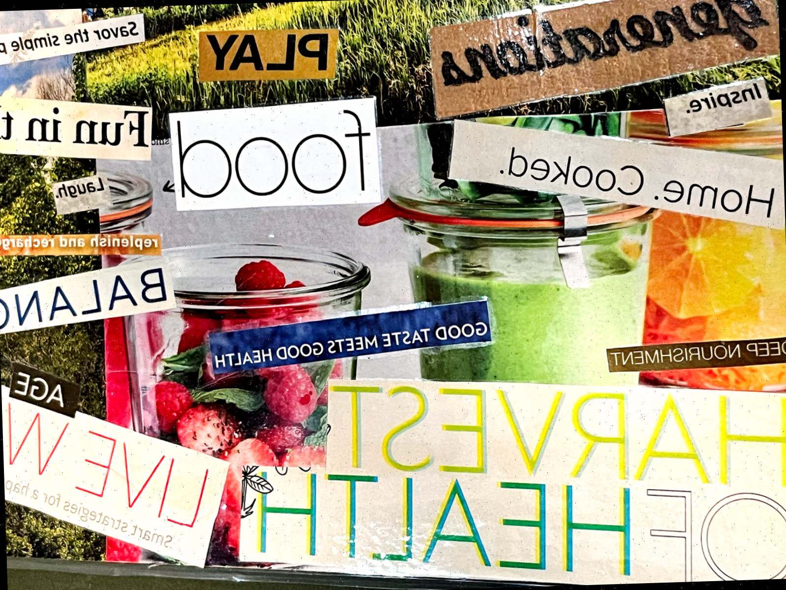 Uma visão detalhada de um painel de visão feito com recortes de revistas, com texto em negrito e imagens coloridas vibrantes com um tema voltado para saúde.