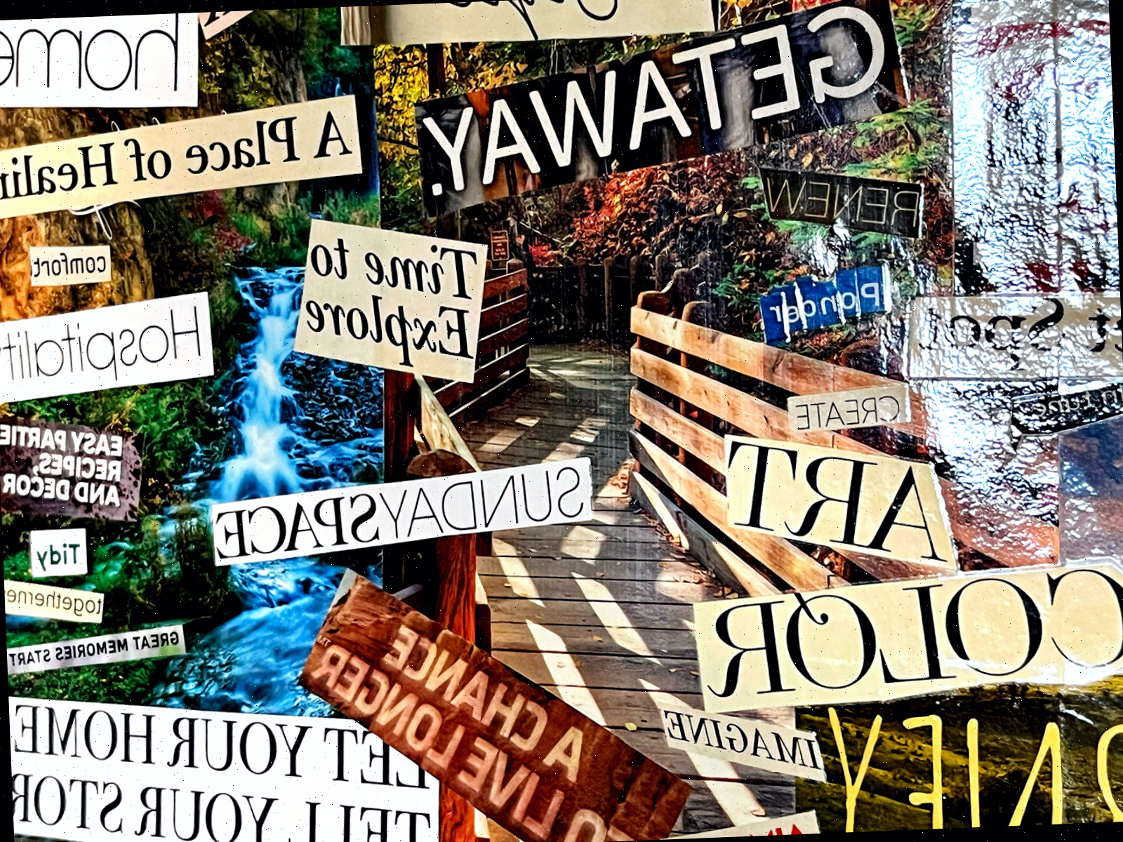 Uma visão detalhada de um painel de visão feito com recortes de revistas, com texto em negrito e imagens coloridas vibrantes.