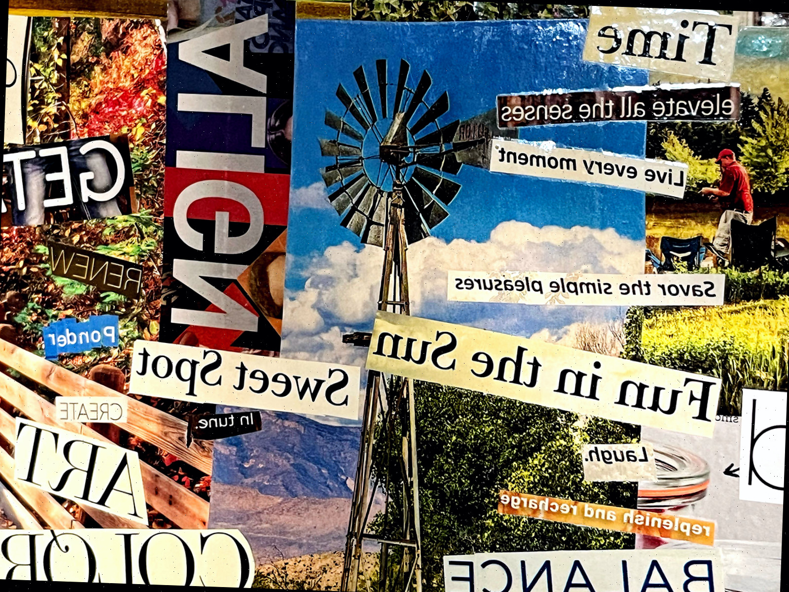 Um close de um quadro de visão criado com recortes de revista, exibindo texto em negrito e imagens coloridas vibrantes.