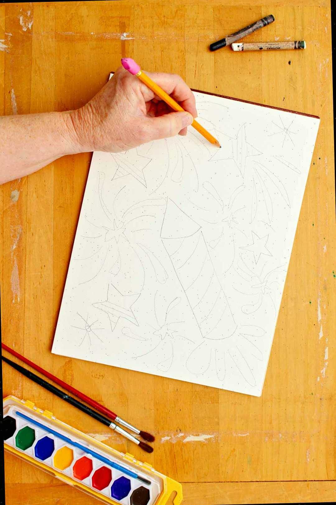 Desenho à mão do contorno de estrelas e foguetes para a resistência em aquarela.