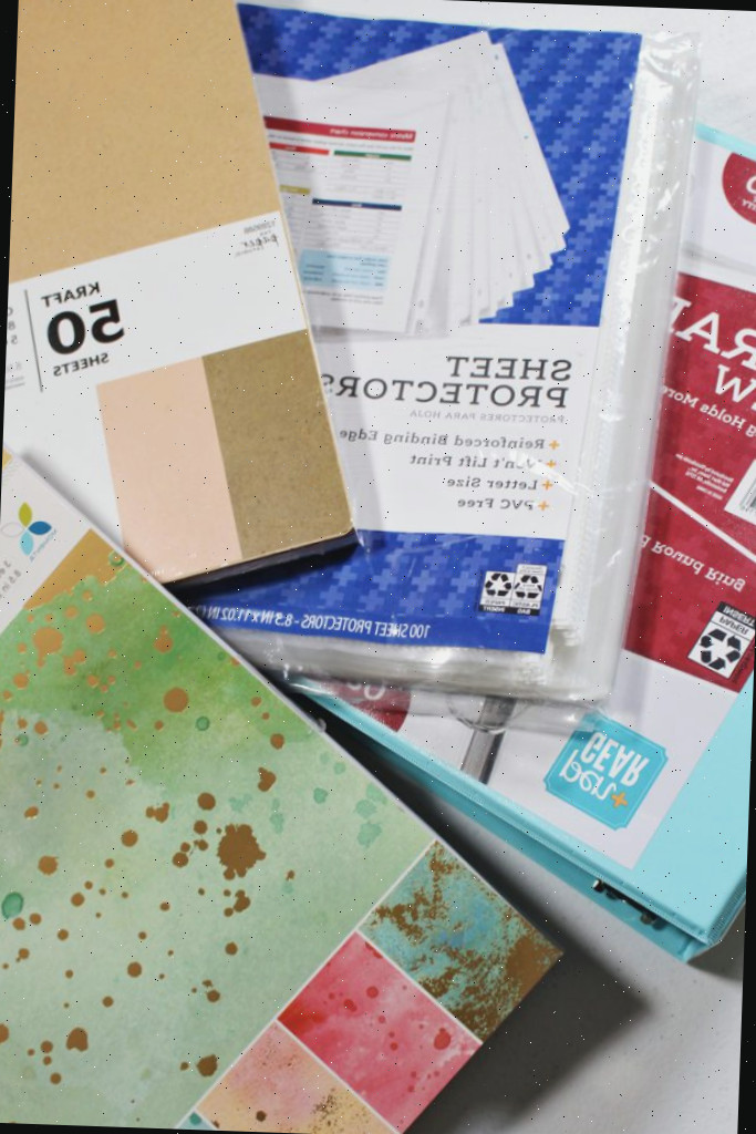 Protetores de folhas, papel de scrapbook, papel cartão e um fichário.