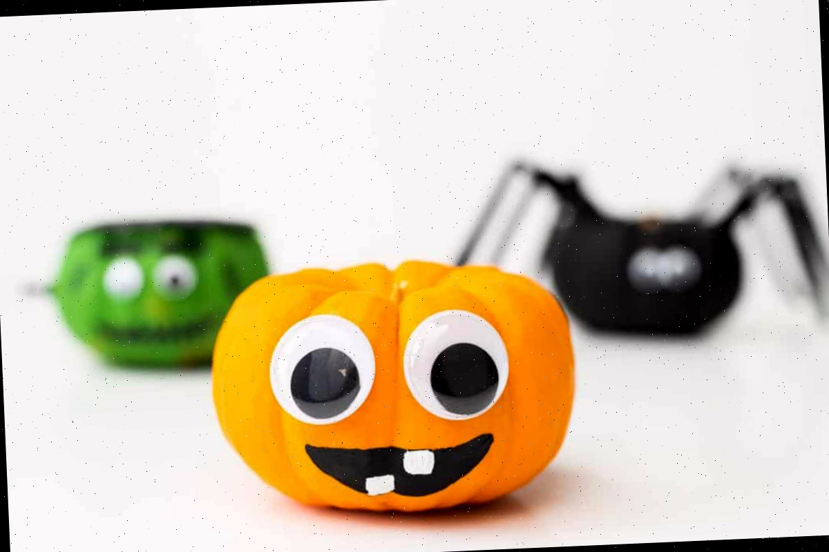 Mini abóbora Frankenstein, abóbora com expressão cômica, abóbora-aranha.