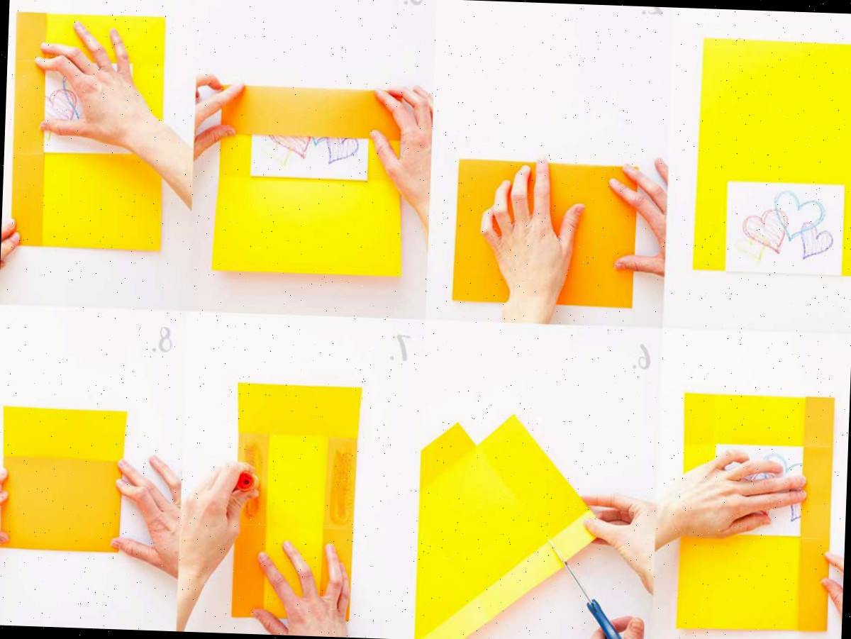 Fazendo passo a passo um envelope quadrado amarelo feito à mão.