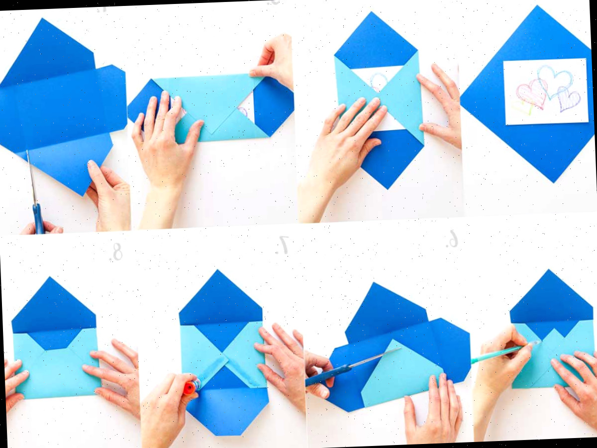 Passo a passo para criar um envelope tradicional azul feito à mão.