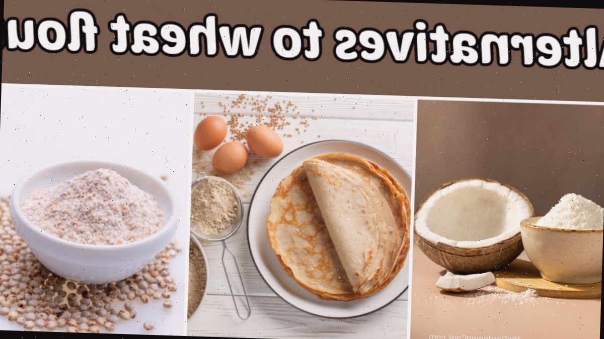 Farinha de coco, farinha de trigo sarraceno, panquecas e farinha de sorgo em uma tigela. O texto bege diz alternativas à farinha de trigo.