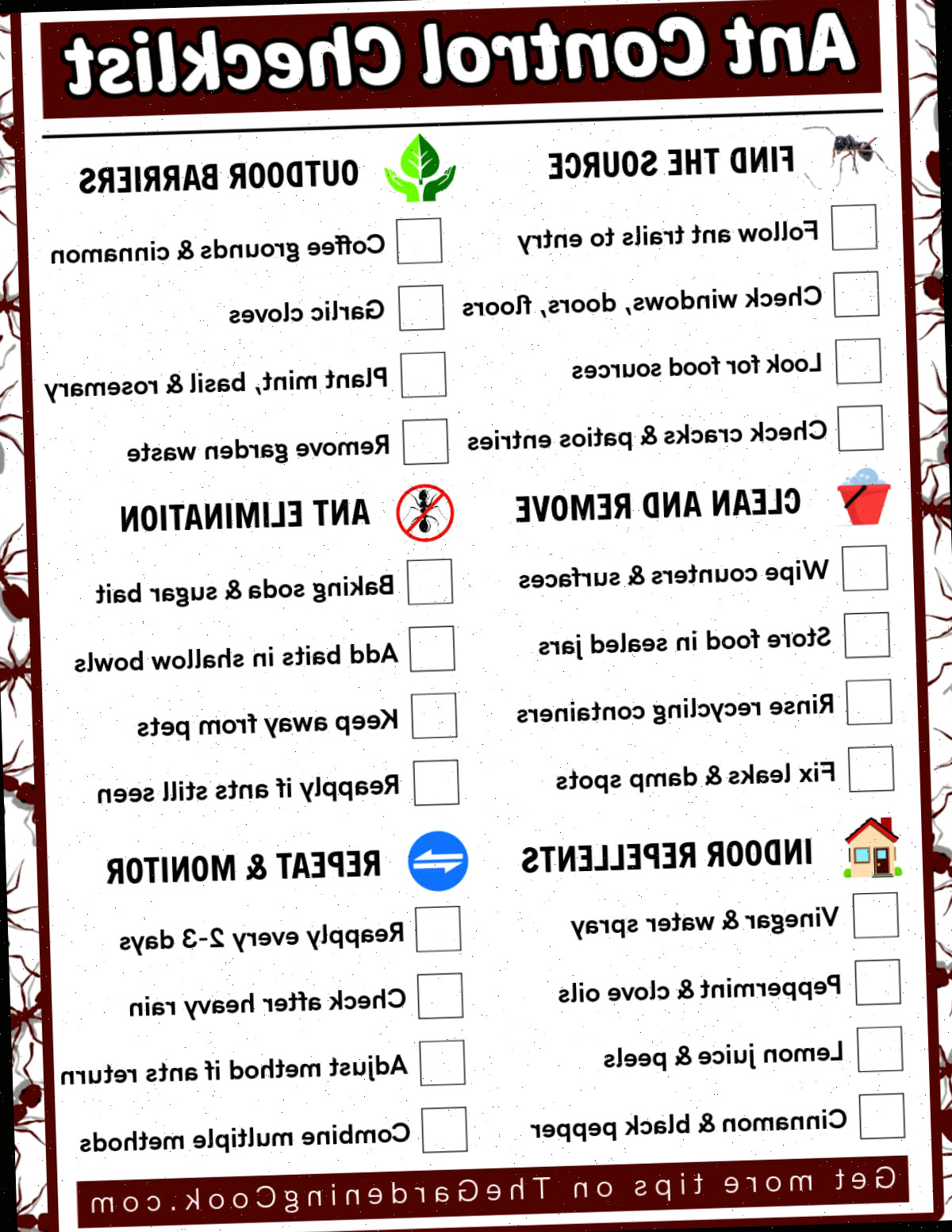 Uma lista de verificação para controle de formigas, mostrando como eliminar as formigas dentro e fora de casa e como afastar e prevenir que retornem.