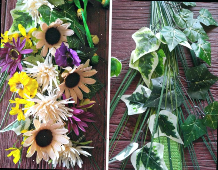 anexando flores e folhagens Folhas e flores de seda em uma colagem.