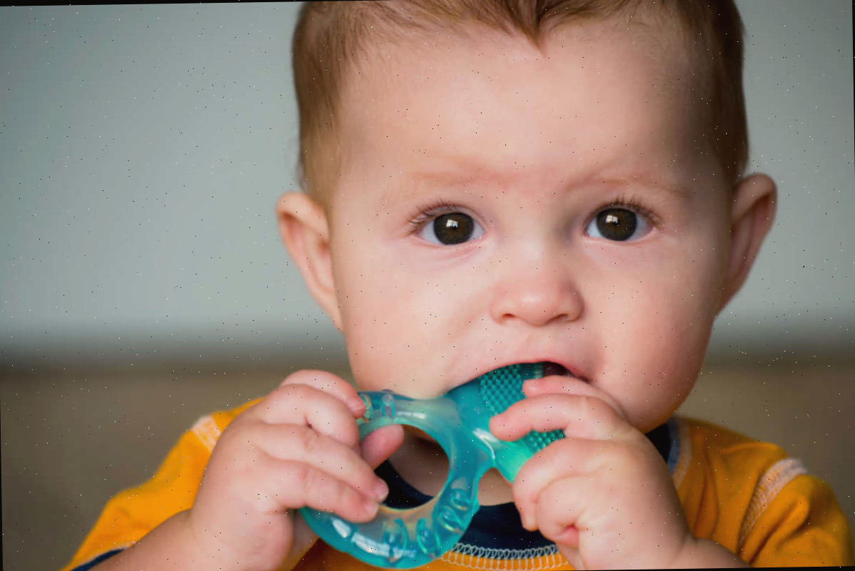 desinfetar anéis de bebê Bebê mordendo um anel de plástico.