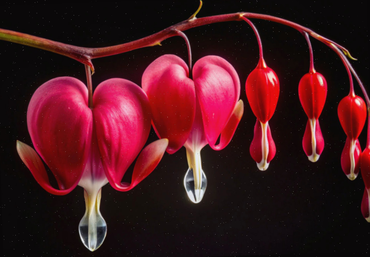 Foto de flores do coração-sangrento sobre um fundo preto.