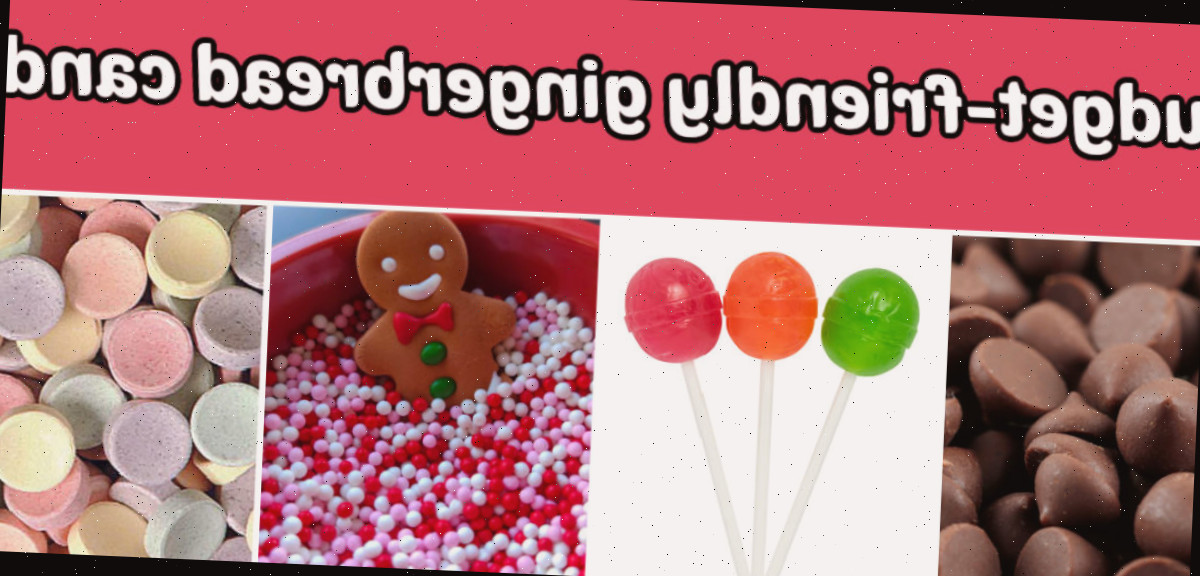 Fotos de chips de chocolate, gomas de mascar, confeitos e smarties. A caixa de texto rosa diz: bala de gengibre econômica.