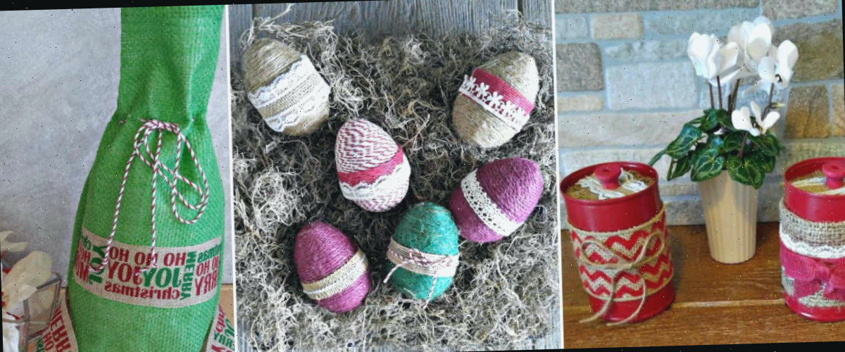 Uma colagem com imagens de potes de chá, ovos de Páscoa e um porta-garrafa de Natal, todos confeccionados em juta.
