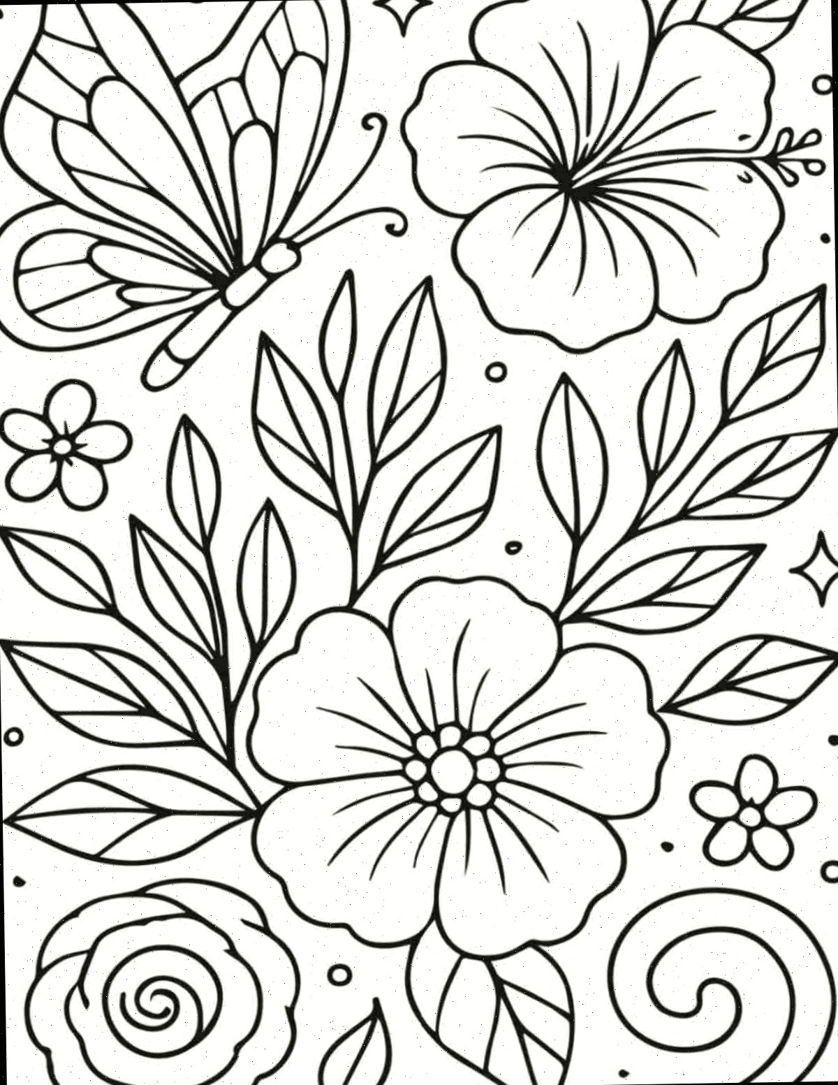 Páginas para colorir de borboletas gratuitas para impressão Uma imagem gratuita de folhas para colorir de borboletas para imprimir, com várias flores tropicais e vegetação, e uma borboleta no canto da página para colorir.