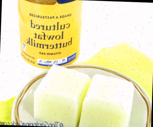 Cubos de leitelho congelados Cubos de leitelho congelados ao lado de uma garrafa de leitelho desnatado.