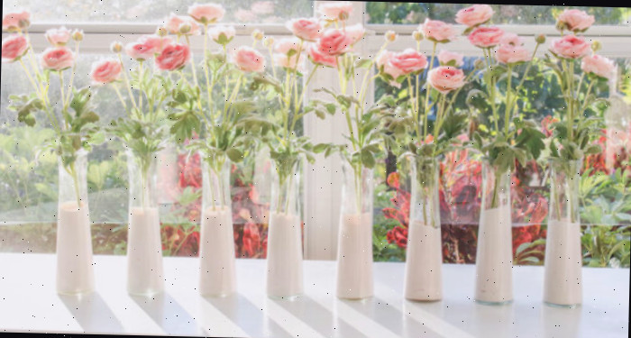 Pequenas garrafas de vidro da loja de descontos tingidas de rosa com flores rosa