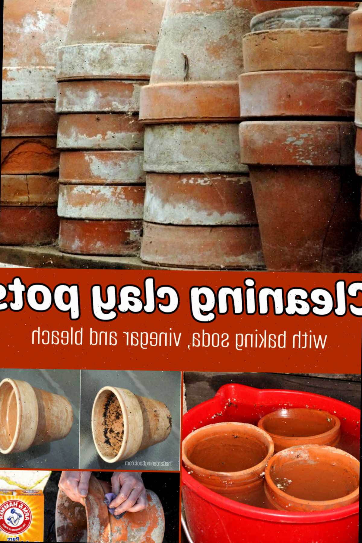 Uma montagem exibindo fotos de vasos de barro sujos, um balde com vasos de molho e mãos lavando vasos com bicarbonato de sódio. A faixa de texto bege diz Limpeza de vasos de barro com bicarbonato de sódio, vinagre e água sanitária.