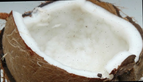 Um coco fresco aberto sobre uma bancada.