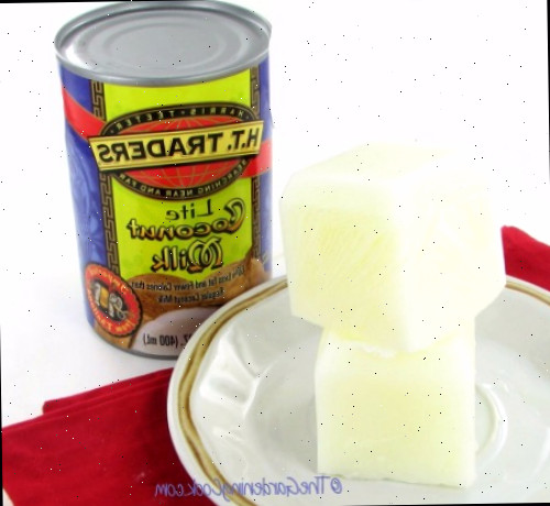 cubos de leite de coco congelados cubos de leite de coco congelados em um prato com guardanapo e uma lata de leite de coco light.