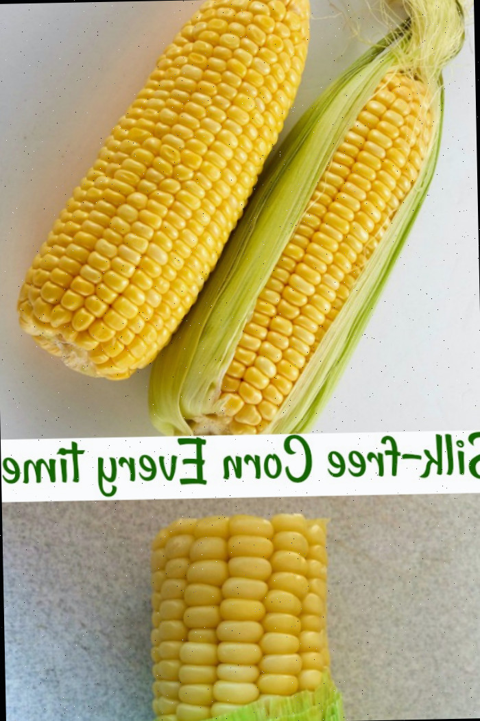 três espigas de milho com texto dizendo Cozinhar milho no micro-ondas oferece milho sem seda todas as vezes