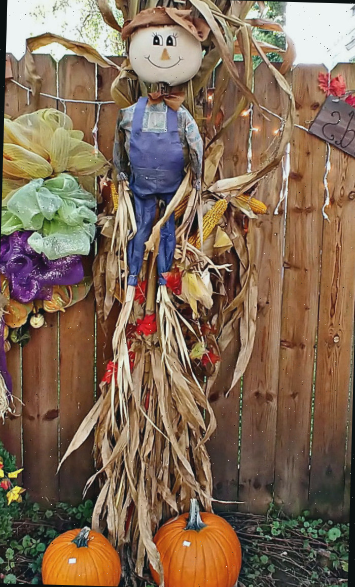 Decorando para o outono com cascas de milho na forma de um espantalho com duas abóboras aos pés dele.