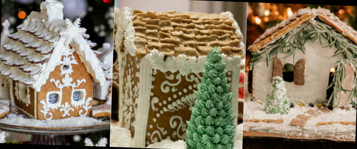 Um colagem com imagens de uma casa de gengibre com alecrim e cereal Chex, uma casa com árvores feitas de sorvete e uma casa de gengibre com telhas de amêndoa e coco no telhado.