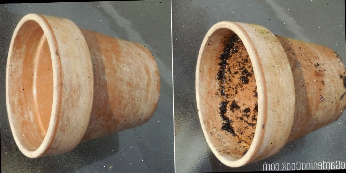 Uma montagem mostrando um vaso de barro sujo e um limpo sobre uma mesa de vidro.