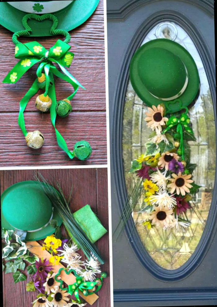 decoração de porta para o Dia de São Patrício Guirlanda de porta do Dia de São Patrício com chapéu de duende, sinos e flores em uma porta azul.