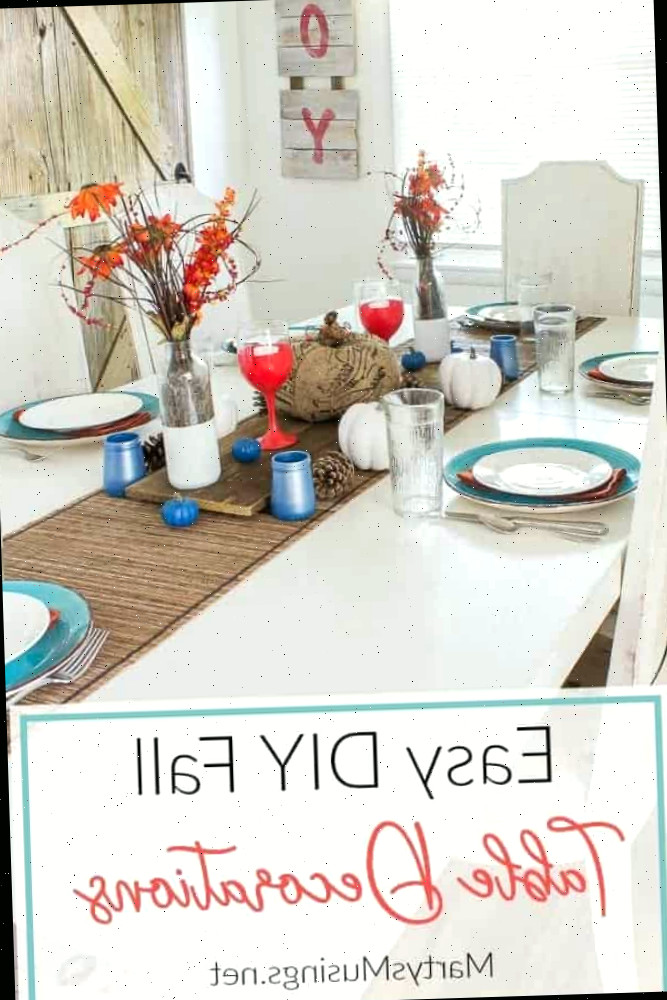 Transforme sua ornamentação de outono com estas simples decorações de mesa em laranja e azul. Inclui um projeto básico de spray que qualquer um pode realizar!
