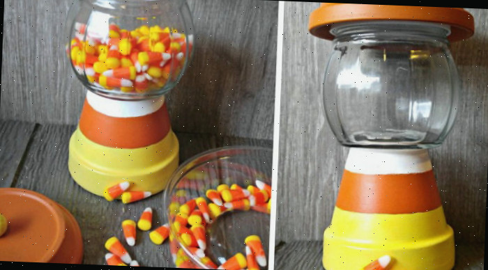 Uma colagem mostrando um pote de doces DIY vazio à esquerda e doces de milho em uma tigela, além do vaso parcialmente preenchido com doces de milho.