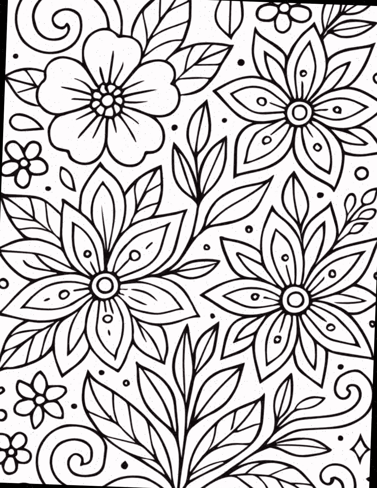 35+ páginas para colorir de flores gratuitas para impressão Uma folha gratuita para colorir de flores para impressão, cheia de cabeças de flores grandes e pequenas, além de folhagens.