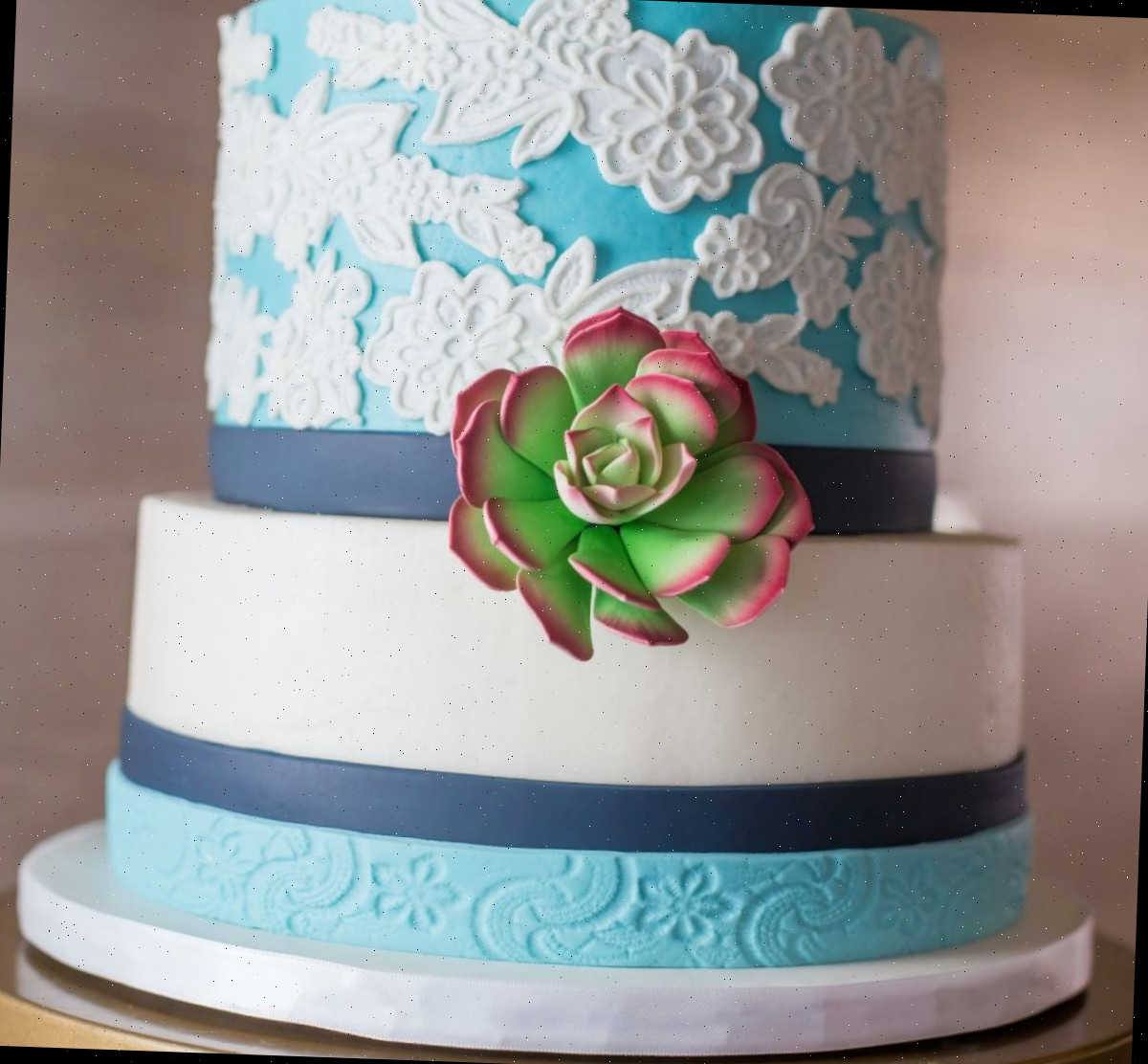 Um bolo azul e branco com uma grande suculenta de fondant Um bolo de duas camadas com suculentas, decorado com fondant branco e azul tiffany, fita azul escura e um topo de bolo de fondant e pasta de goma suculenta no centro.