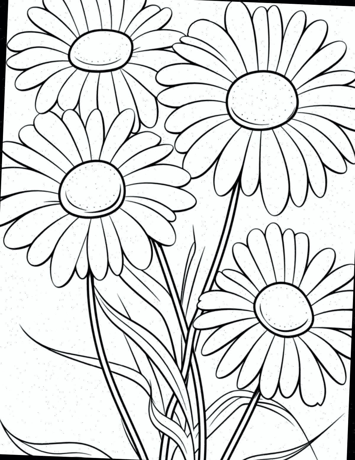 Adquira esta página para colorir de margaridas gratuita para impressão Uma página para colorir de margaridas gratuita para impressão, apresentando cinco margaridas grandes no meio da folha.