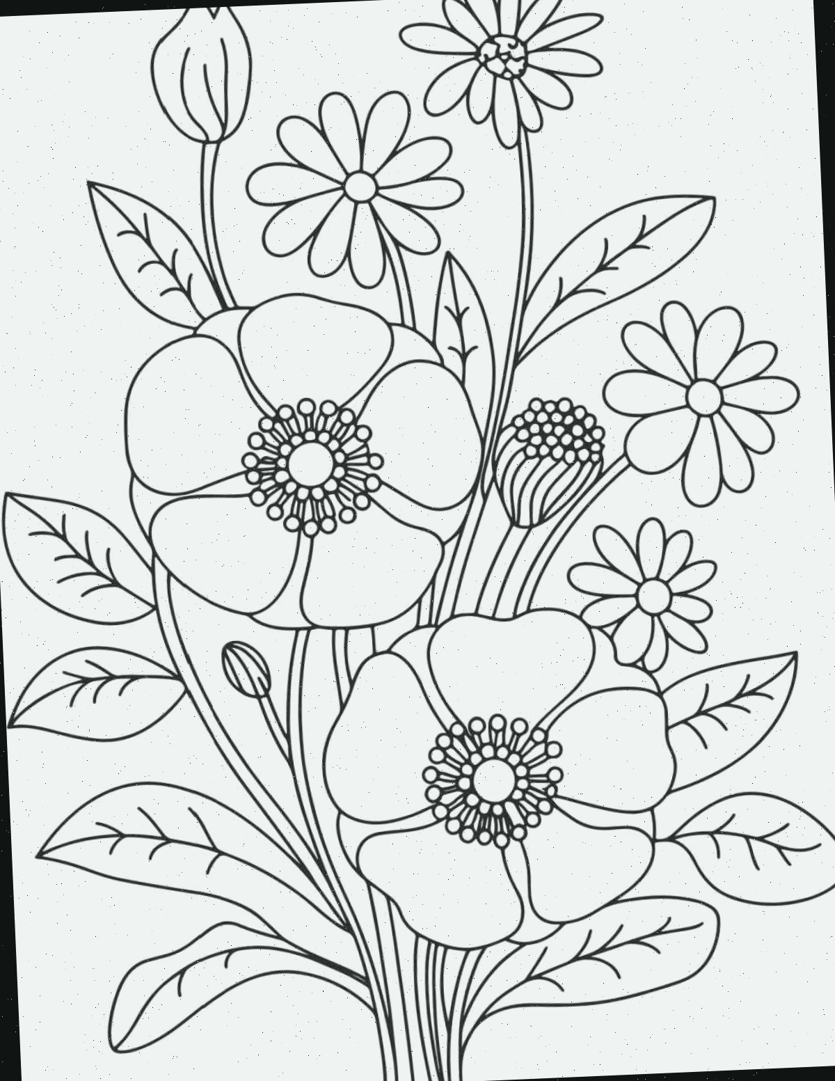 Página para colorir de flores gratuitas para impressão Uma imagem gratuita de folhas para colorir de flores para imprimir com um buquê de diversas flores e folhagens.