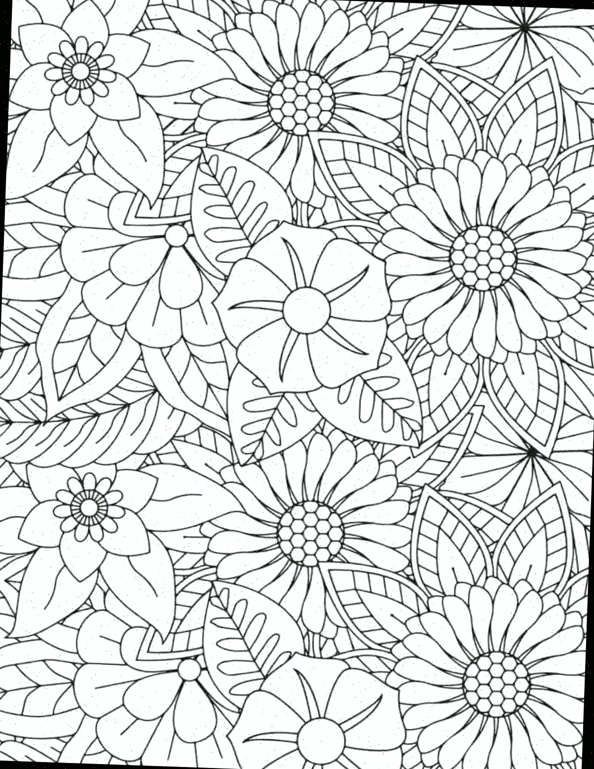 Páginas para colorir de flores gratuitas para impressão Uma folha gratuita para colorir de flores para impressão, repleta de cabeças de flores de diferentes tipos, incluindo narcisos, margaridas e papoulas.