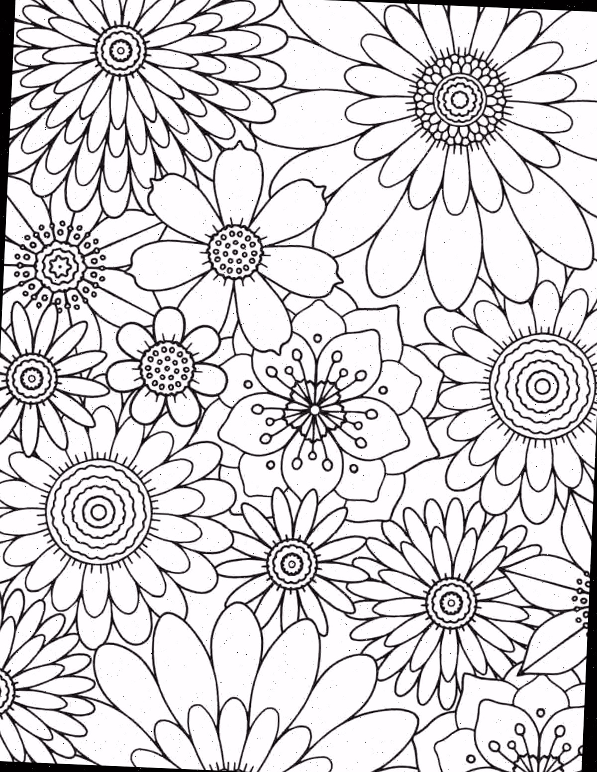 Página para colorir de flores grátis para imprimir Uma folha gratuita para colorir flores para impressão, onde todo o desenho é formado por cabeças florais circulares de tamanhos diferentes.