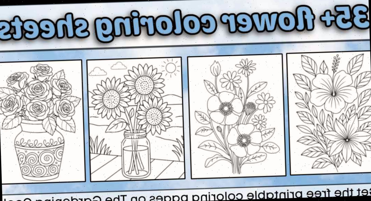 Colagem de páginas para colorir de flores Uma colagem de quatro folhas para colorir de flores grátis para imprimir sob uma sobreposição de texto que diz 35+ folhas para colorir de flores.