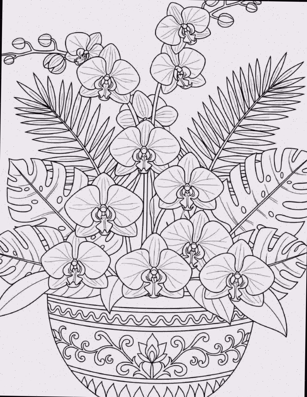 Página para colorir de orquídeas para impressão Uma página para colorir de orquídeas para impressão com uma orquídea e várias folhagens tropicais em um vaso com desenhos geométricos.