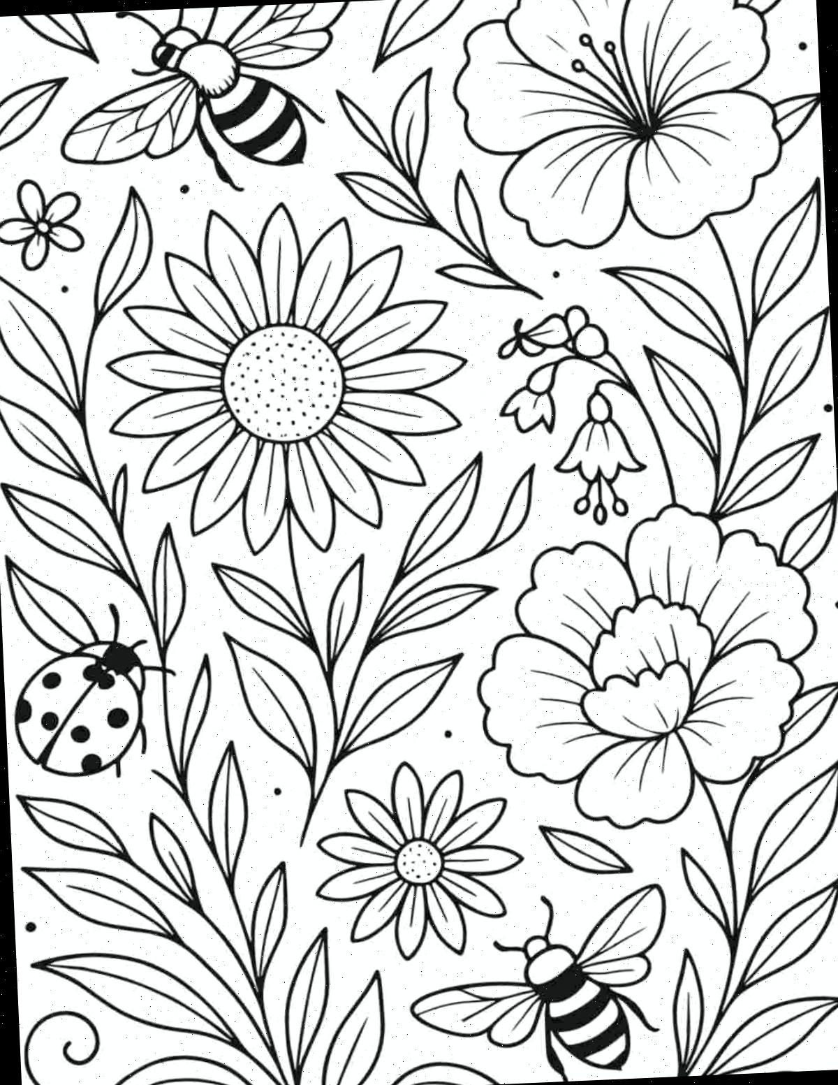 Página para colorir de abelhas gratuita para impressão Uma página para colorir de abelhas gratuita para impressão, repleta de diversas flores com abelhas e joaninhas ao redor.