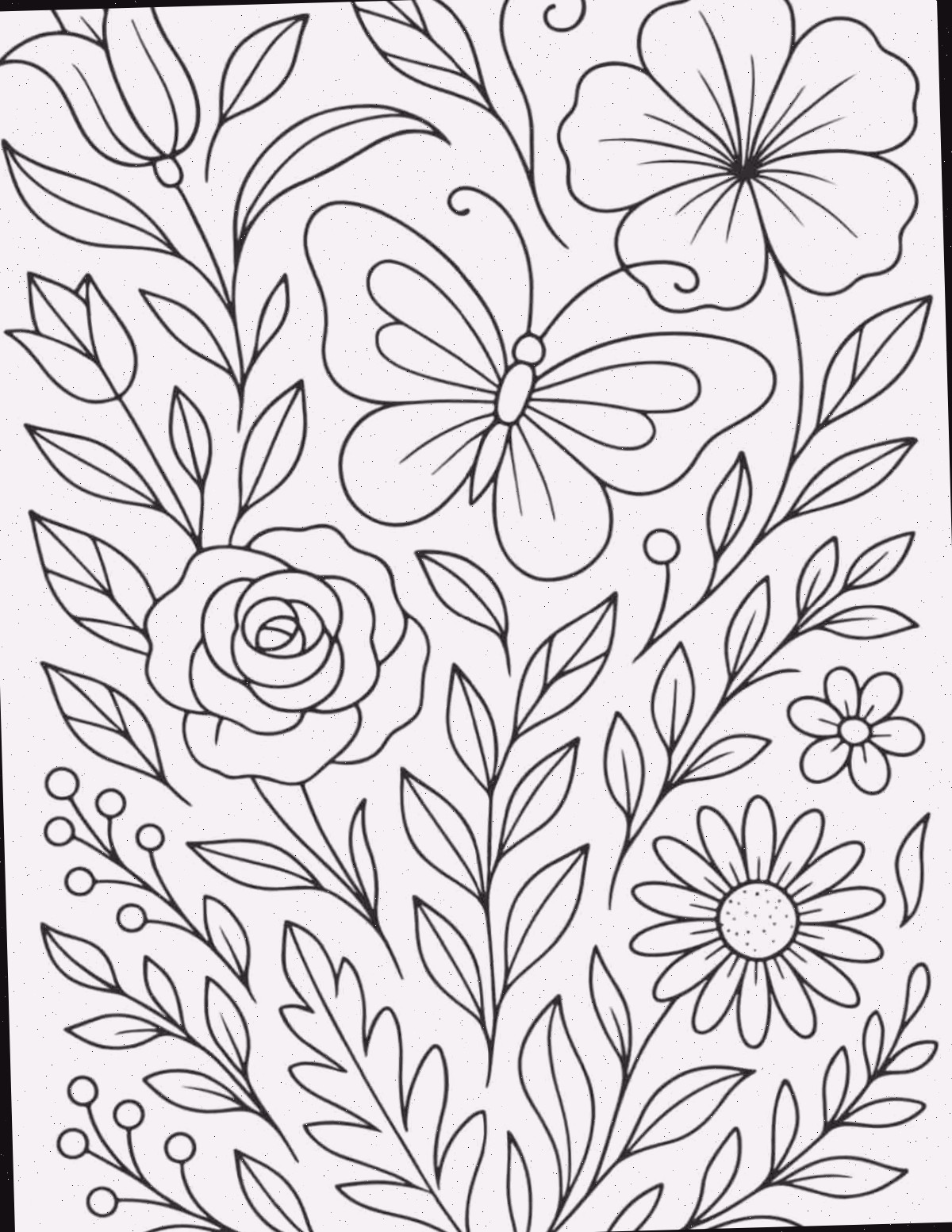 Folhas para colorir de borboletas para impressão Uma página gratuita para colorir de borboletas para imprimir com uma borboleta grande, cercada por diversas flores e folhagens.