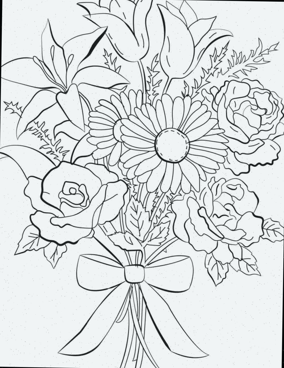 Folhas para colorir de buquê de flores gratuitas para imprimir Uma imagem de folha para colorir de buquê de flores gratuitas para imprimir com um grande buquê contendo várias flores, como rosas, margaridas e lírios, tudo atado com uma fita.
