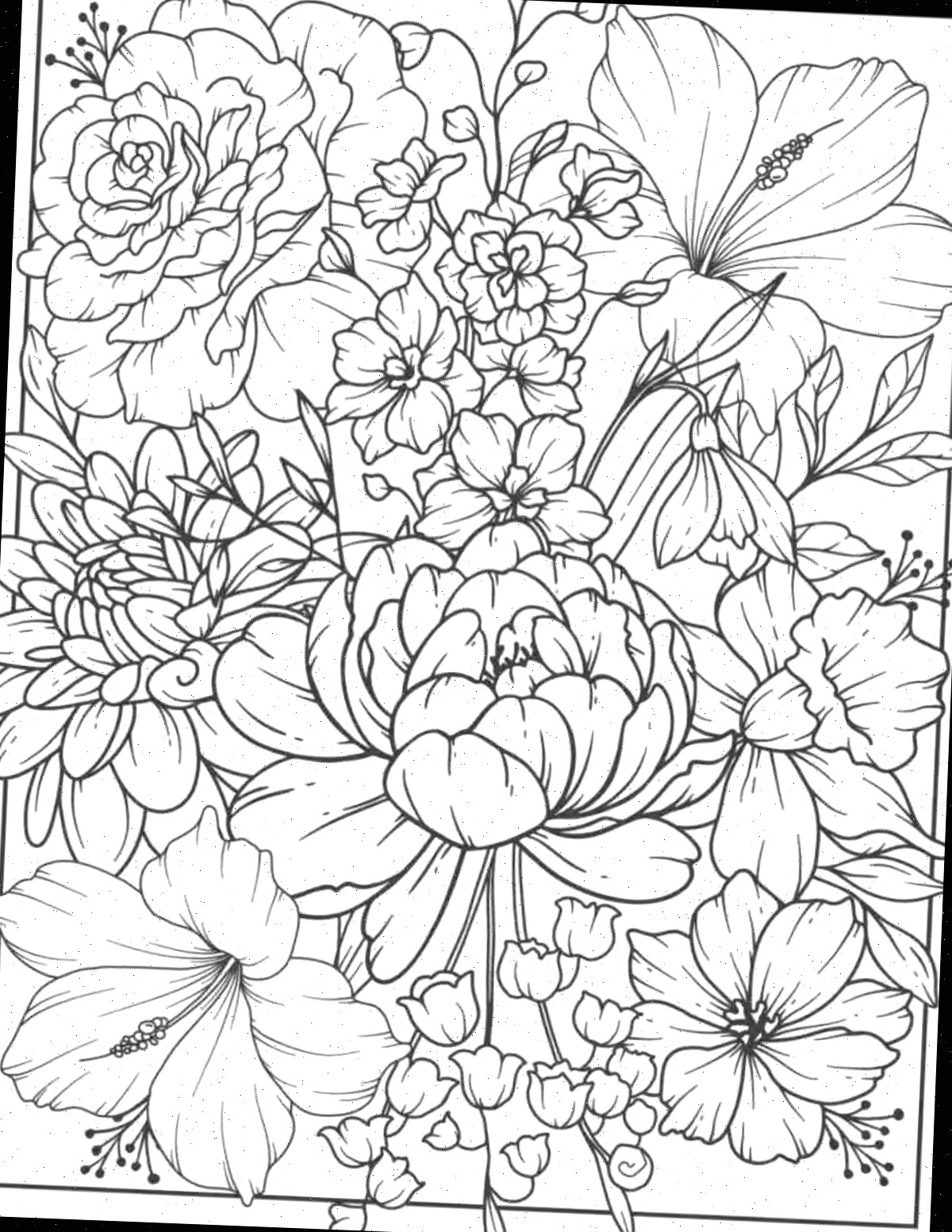 Página para colorir de flores grátis para imprimir Uma folha gratuita para colorir de flores para impressão com uma borda retangular, repleta de flores saindo da borda, formando uma folha de colorir exuberante.