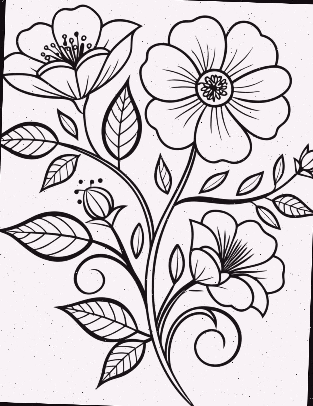 35+ páginas para colorir flores grátis para imprimir Uma imagem de página para colorir flores gratuitas para impressão que ilustra um caule florido com três cabeças florais e várias folhas.