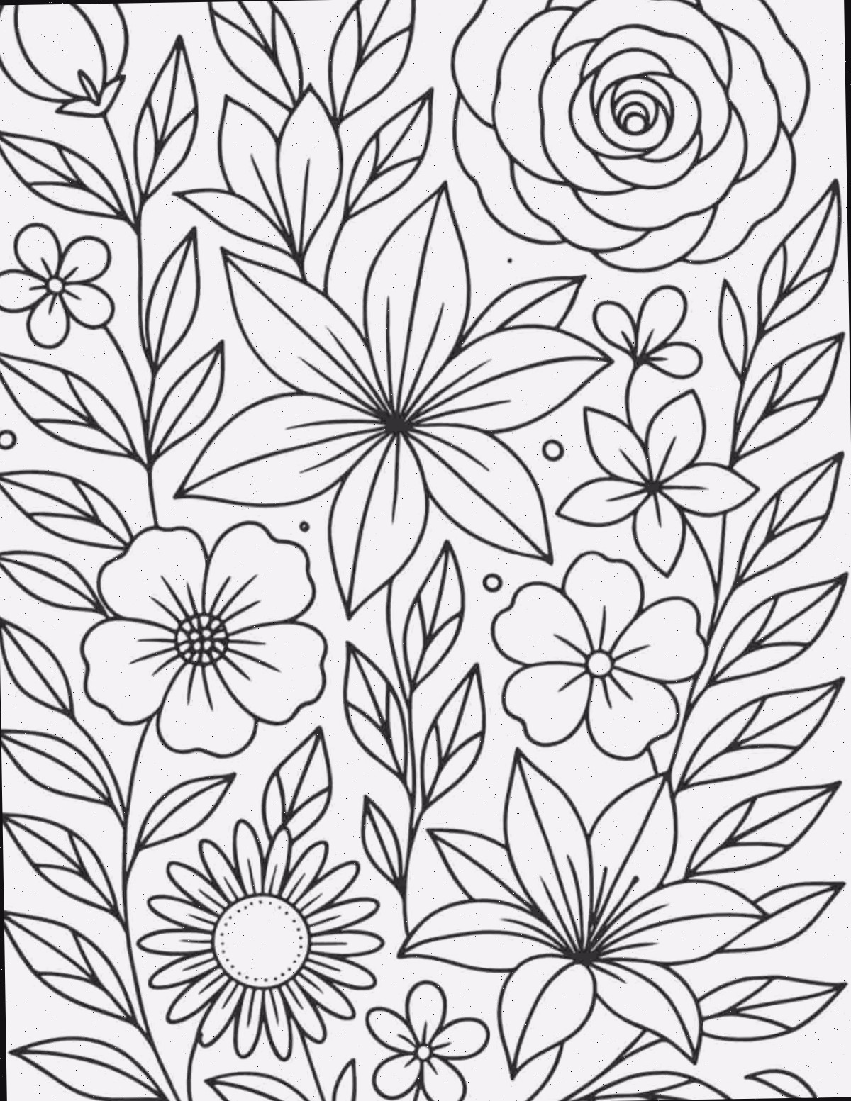 Adquira 35+ folhas para colorir de flores gratuitas para impressão Uma imagem de folhas para colorir de flores gratuitas para impressão, repleta de várias flores tropicais e populares junto a folhagens.