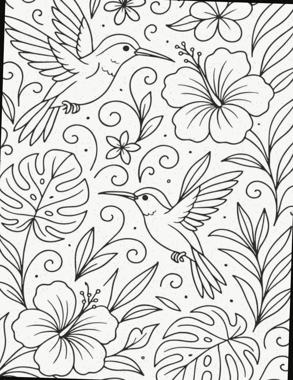 Páginas para colorir de beija-flores gratuitos para impressão Uma folha para colorir de beija-flores gratuita para impressão com dois beija-flores planando em torno de vegetação tropical, incluindo flores de hibisco e folhas de monstera.