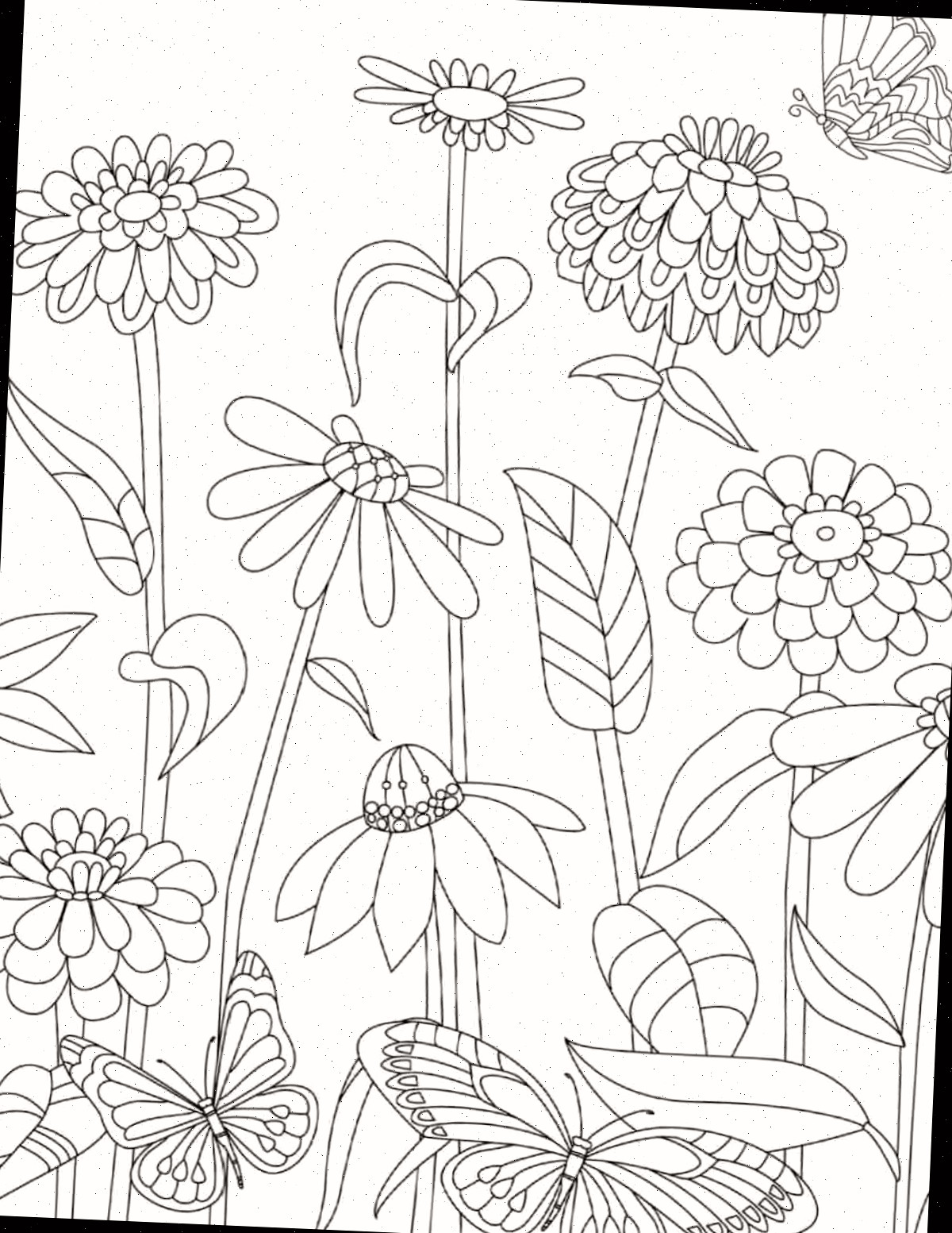 Adquira esta página para colorir de flores silvestres gratuitas Uma página para colorir de flores silvestres gratuitas para impressão, com uma variedade de flores selvagens distintas e uma borboleta pairando acima de uma delas.